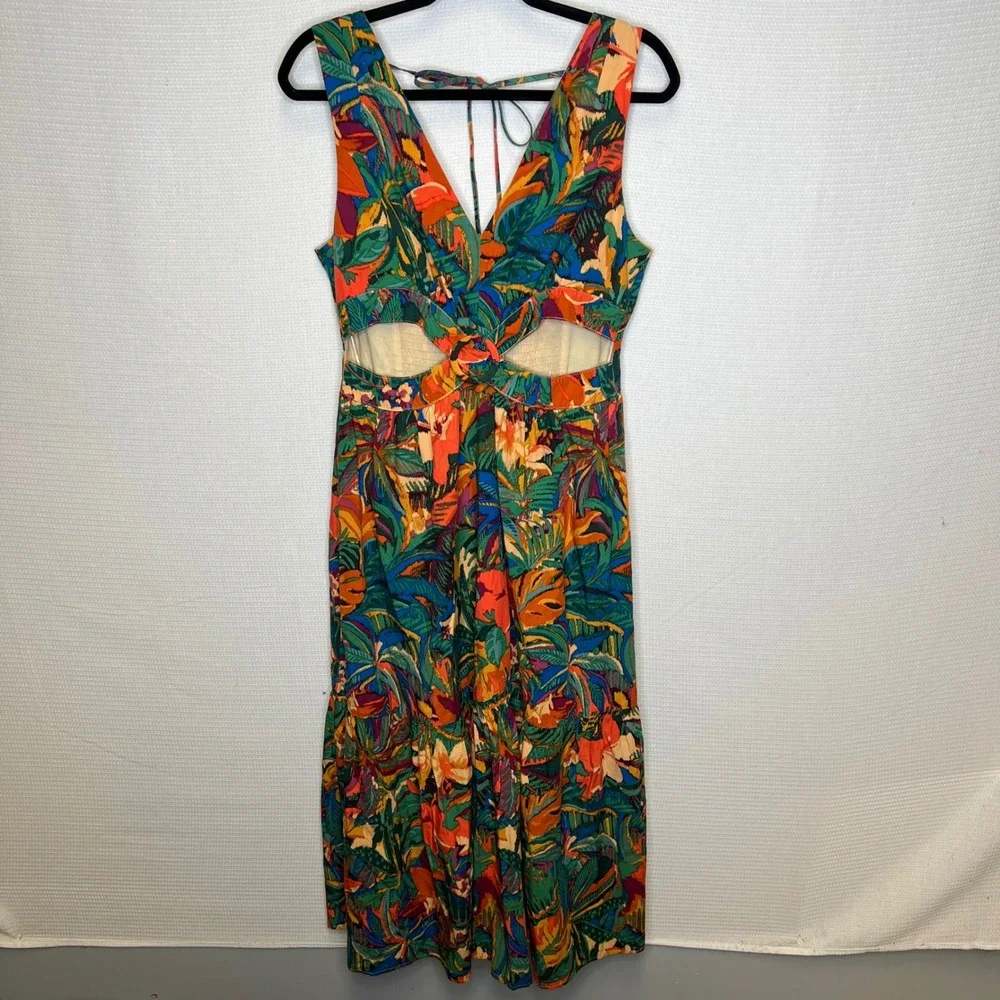 Dress Forum‎ Tropical Floral Cutout Maxi Dress Tie Back Smocked Waist Size L - Picture 3 of 10